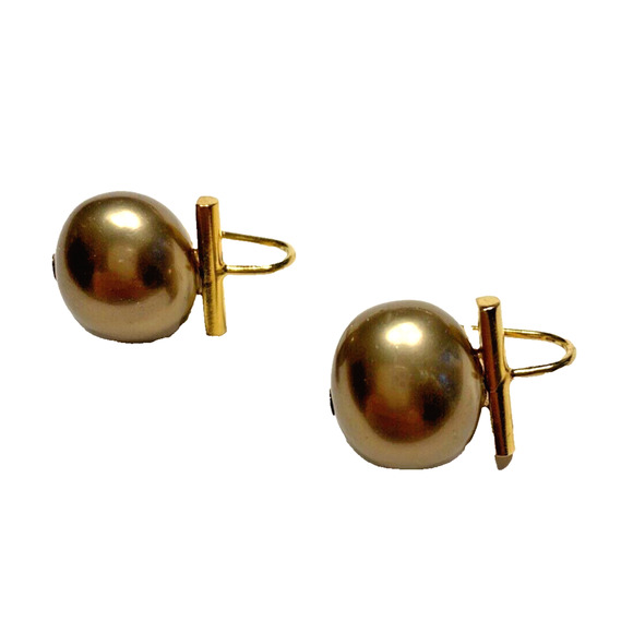 Elegant Pierced Earrings Gold Tone & Faux Smoky Pearl Drops Mod Artisan Look - Picture 2 of 5
